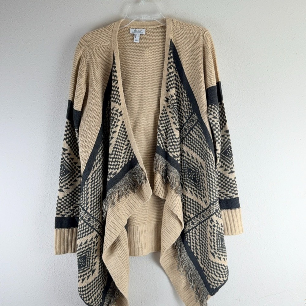 Denim & Co Canyon Retreat Cardigan Sweater Women M/L Beige Black Fringe Aztec